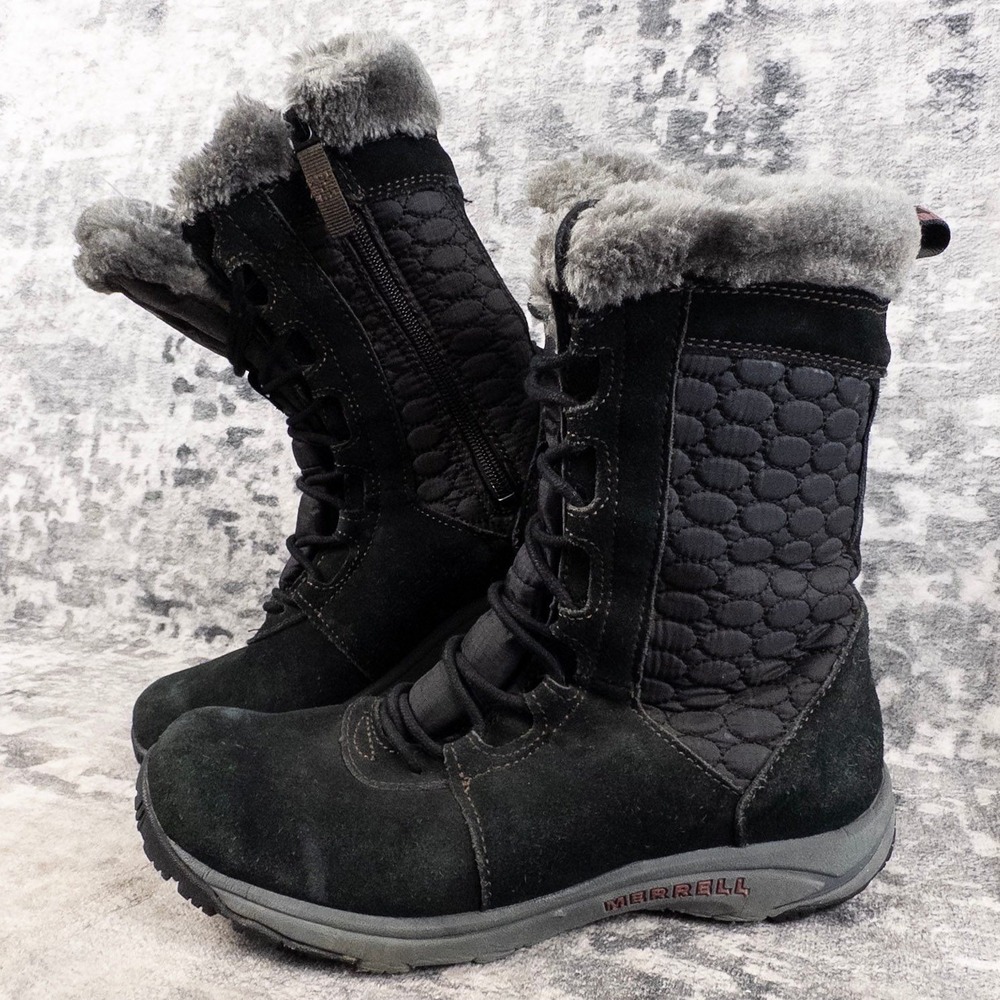Merell Boots Womens‎ 8.5 Mid Calf Winter Black Suede Faux Fur Round Toe L
